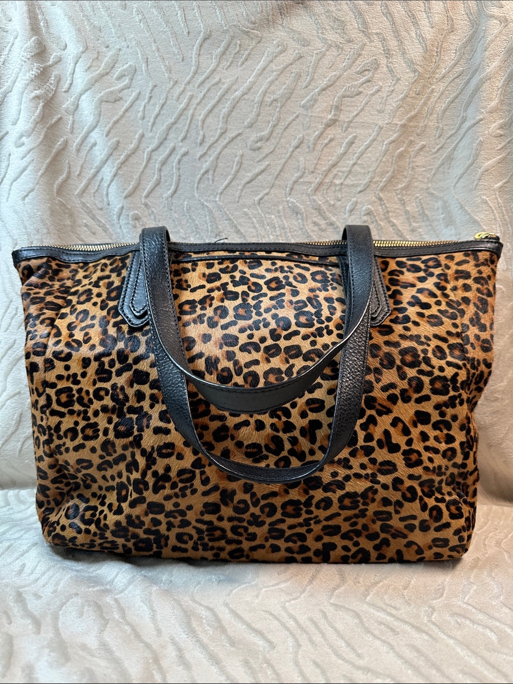Fossil Calf Hair Leather Trim Tote in Leopard/Cheetah Print